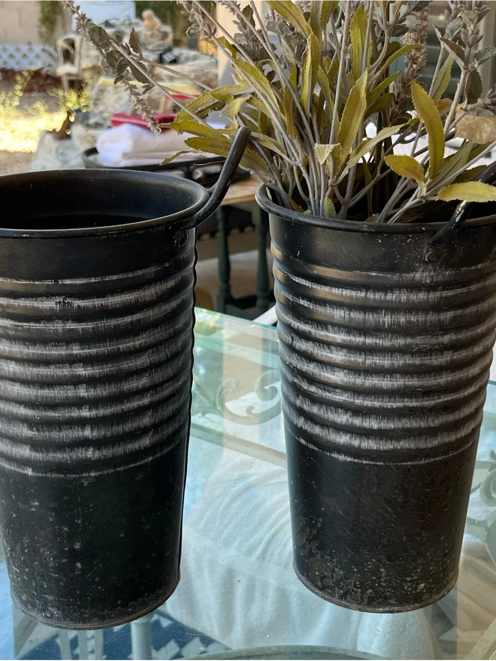 Set of 2 Black Ribbed Metal Planter Buckets